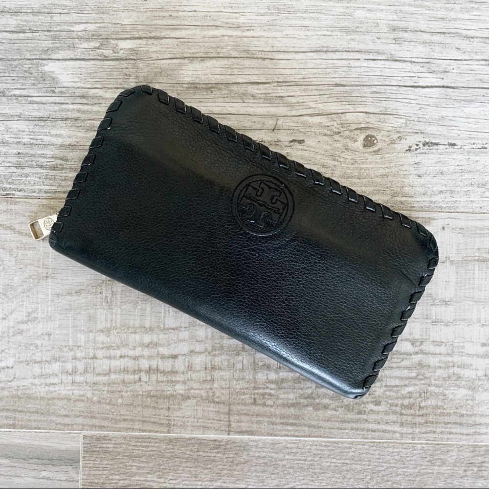 Tory Burch black zip around wallet w gold zipper